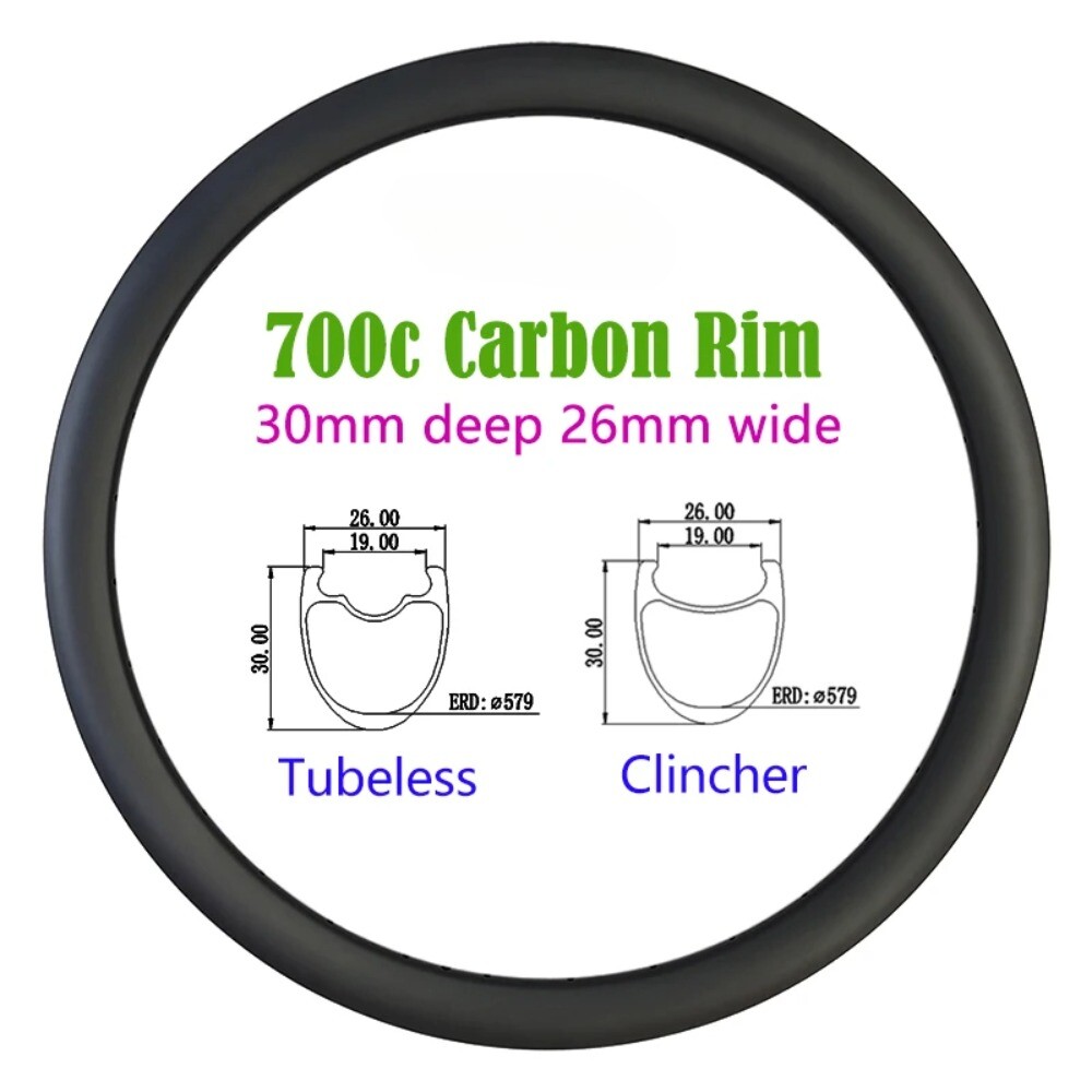 1 Pcs 700c Gravel Bike Carbon Rim 30mm Depth 26mm Width Clincher Tubeless
