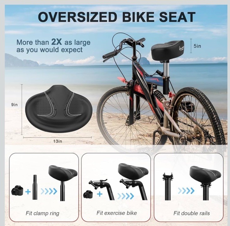 BLUEWIND Noseless Oversized Bike Seat, Memory Foam, 2X As Large, Fits Most Bikes