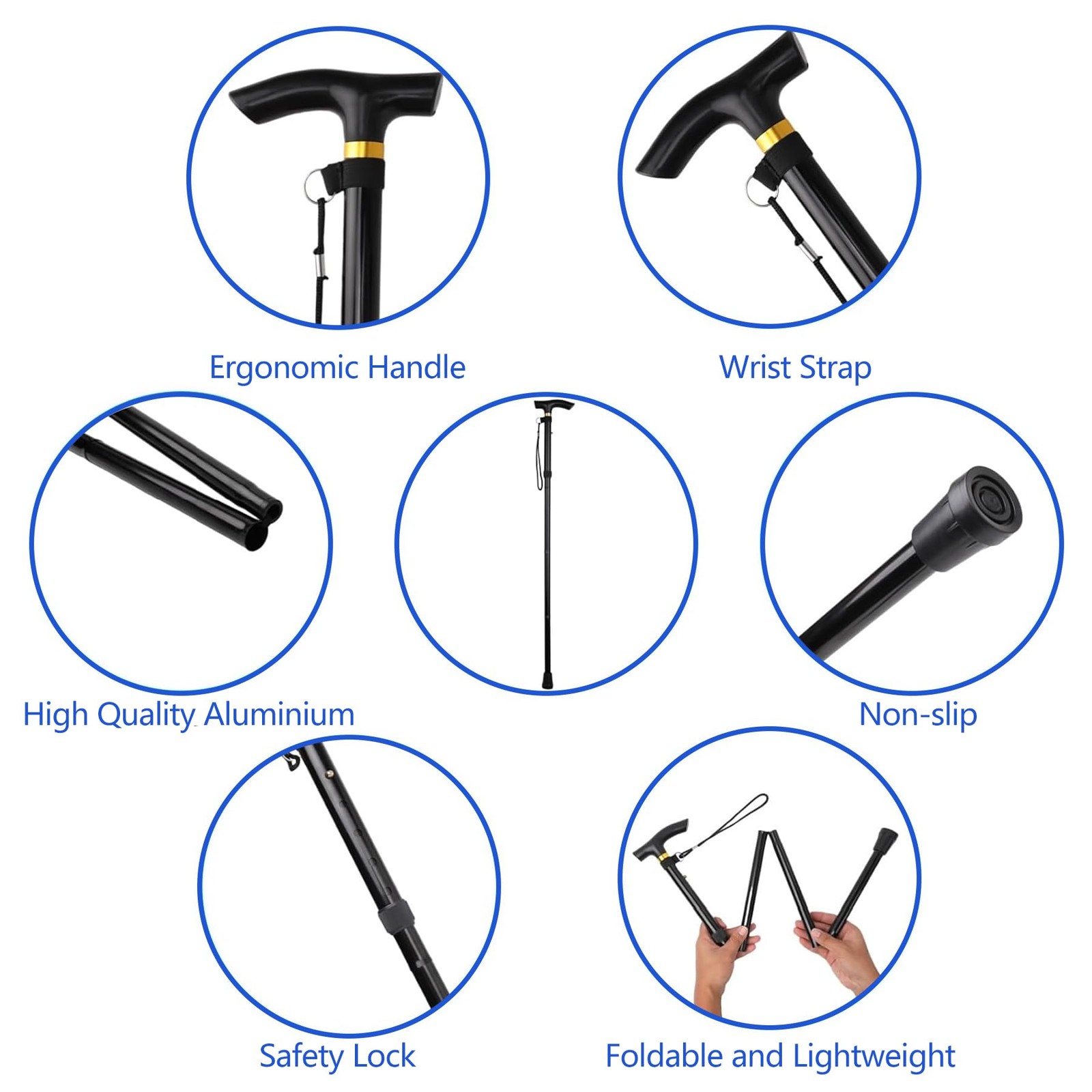 Walking Cane, Folding Cane for Man & Women, Portable Lightweight | 11″, Black