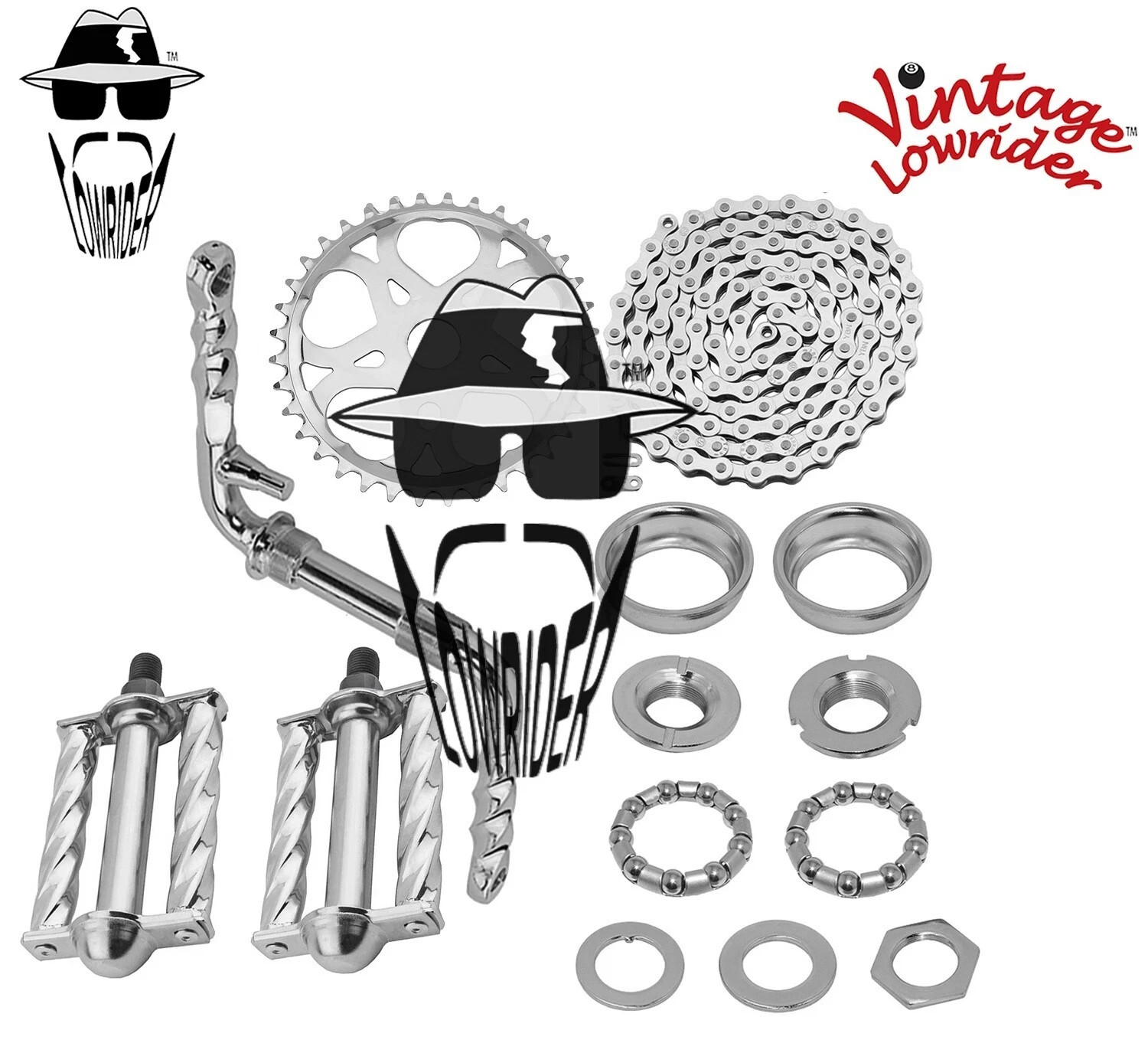 VINTAGE LOWRIDER – Twisted CRANK PKG – Lucky 7 Square Twisted Pedal Chrome