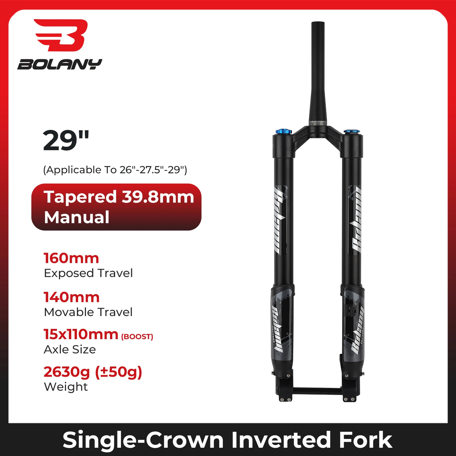 Double Shoulder MTB Inverted Fork 29inch Boost Travel 140mm Adjustable Damping
