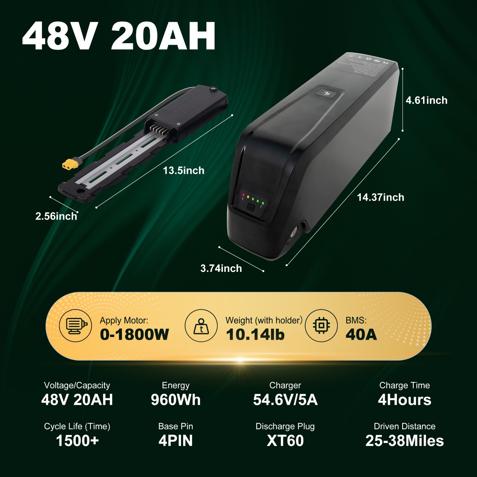 48V 20Ah Lithium ebike Battery 4-PIN for Electric Bicycle 0-1800W Motor 40A BMS