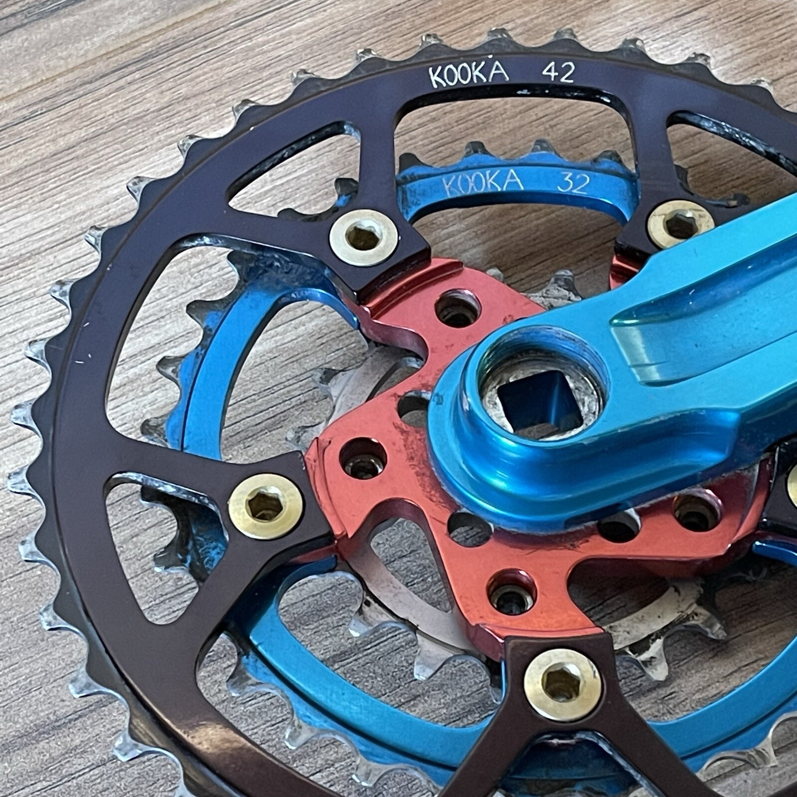 Vintage Kooka CNC Anodized Turquoise Red Crankset 175 94/58 BCD 20 32 42 VRC