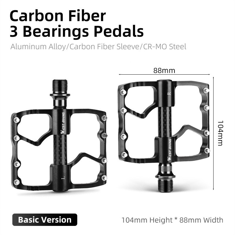 WEST BIKING Bicycle Pedals Road Bike Carbon Fiber 3 Bearings Aluminum Pedals
