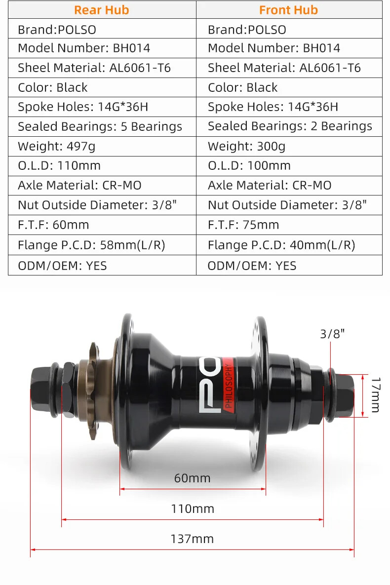 BMX Bike Hub 9T 36H Front and Rear BMX Hubs Sealed Bearings Bicycle Parts