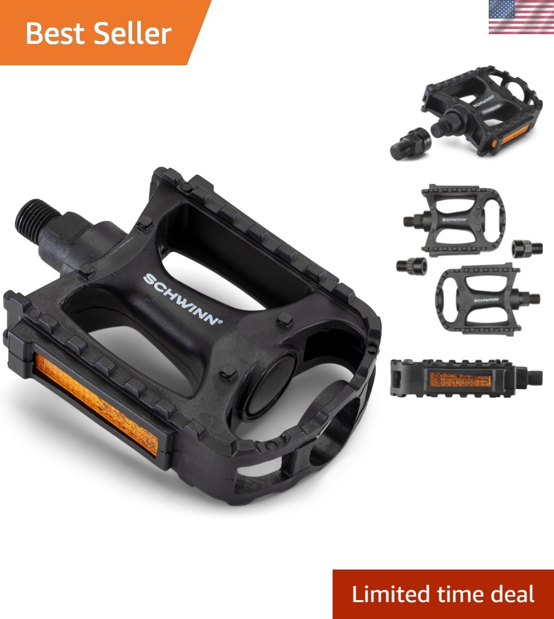 Basic Composite Bike Pedals, Black, Set of 2, Lightweight, with Reflectors, F…