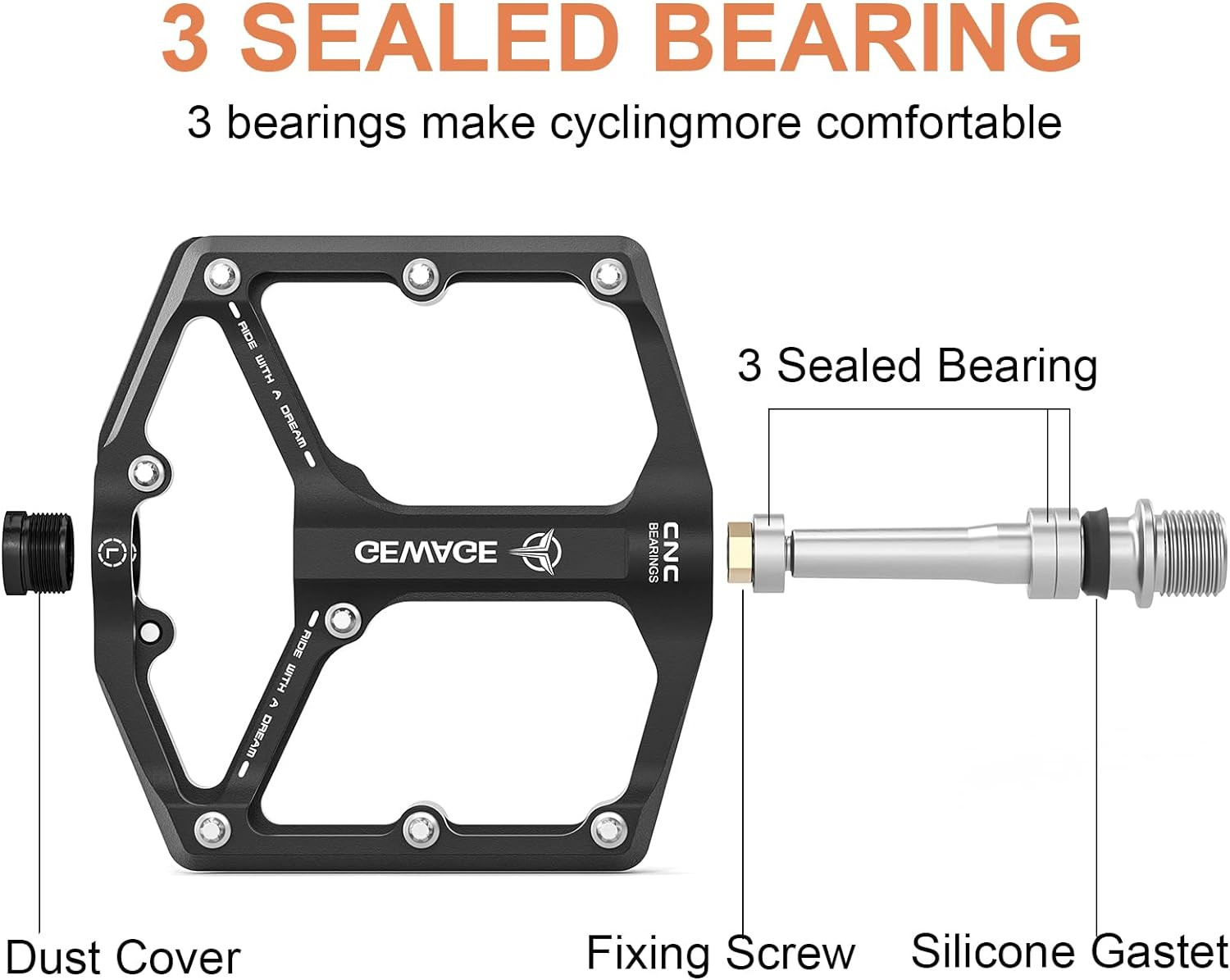 CNC Machined 9/16” Flat Bike Pedals with 3 Bearings and Anti-Skid Nails