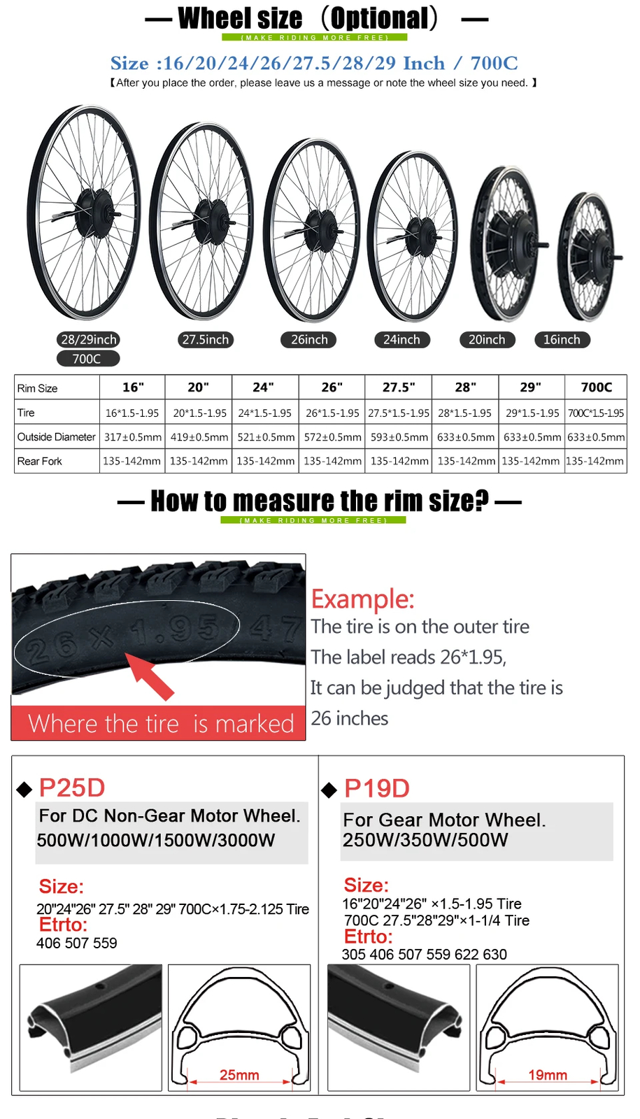 350W E-bike Front Rear Rotate/Cassette Drive Motor Waterproof Conversion Kit