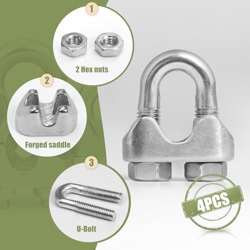 4pcs Wire Rope Clamp, 3/16 inch Cable Clamps Stainless Steel Wire Rope Clips M5