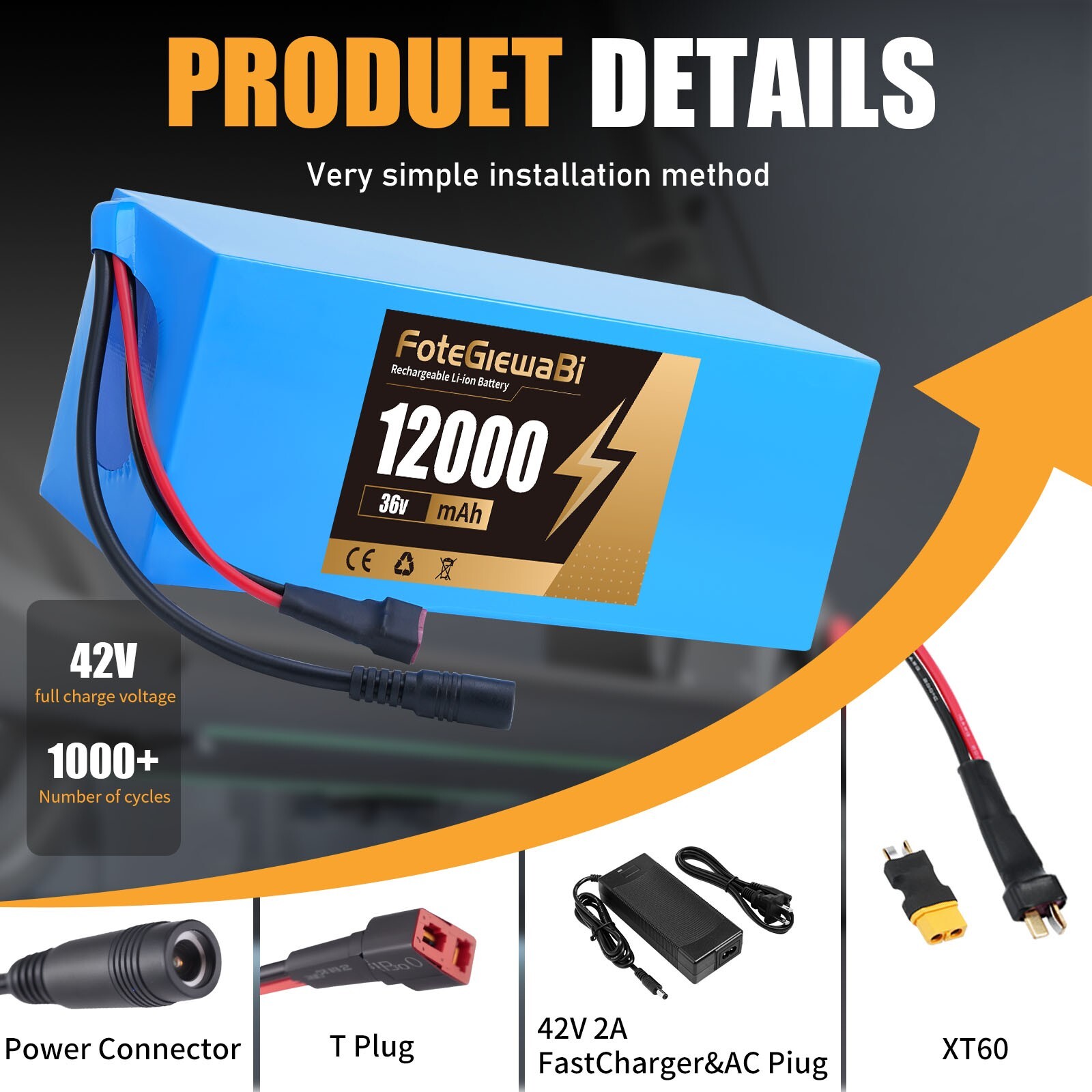 Ebike Battery 36V 12Ah lithium-ion battery for 200W-500W e-bikes