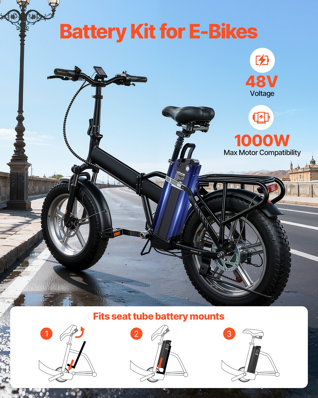 VEVOR Ebike Battery Electric Bike Lithium Battery 48V 15.6Ah for 1000W Motor BMS