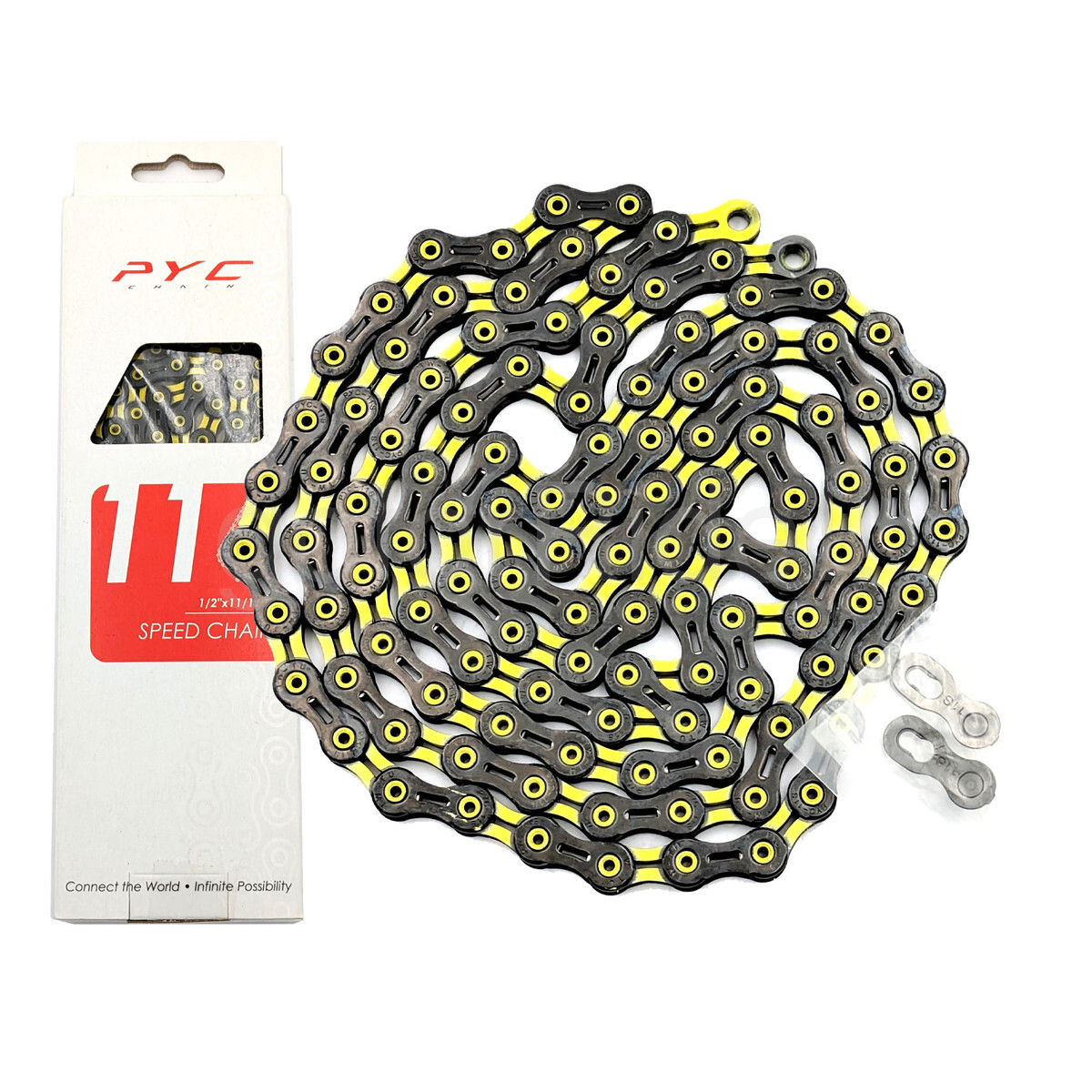 PYC DLC 11-Spd Road MTB CX Gravel Hollow Ultralight Chain, Black/Yellow, 116L