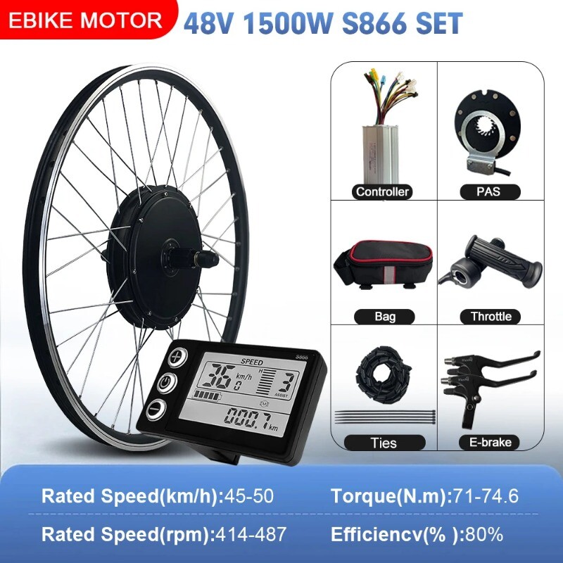 48V 1500W MTB EBike Conversion Kit Rear Cassette Hub Motor Wheel Dropout 142mm