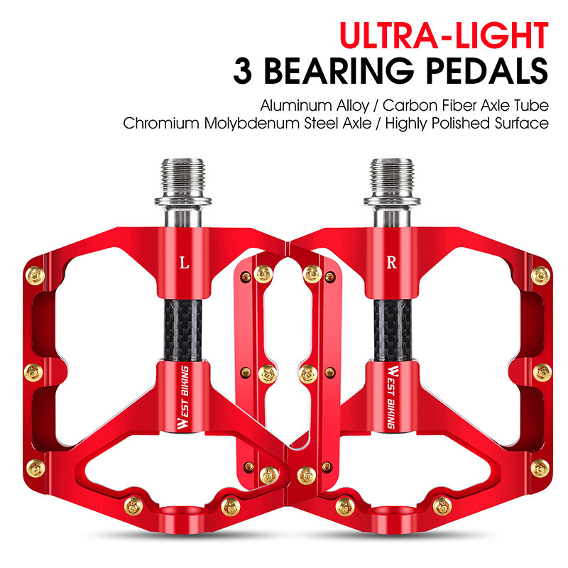 WEST BIKING Aluminum Bicycle Pedals Carbon Fiber Axle 3 Bearing Bike Pedals Red