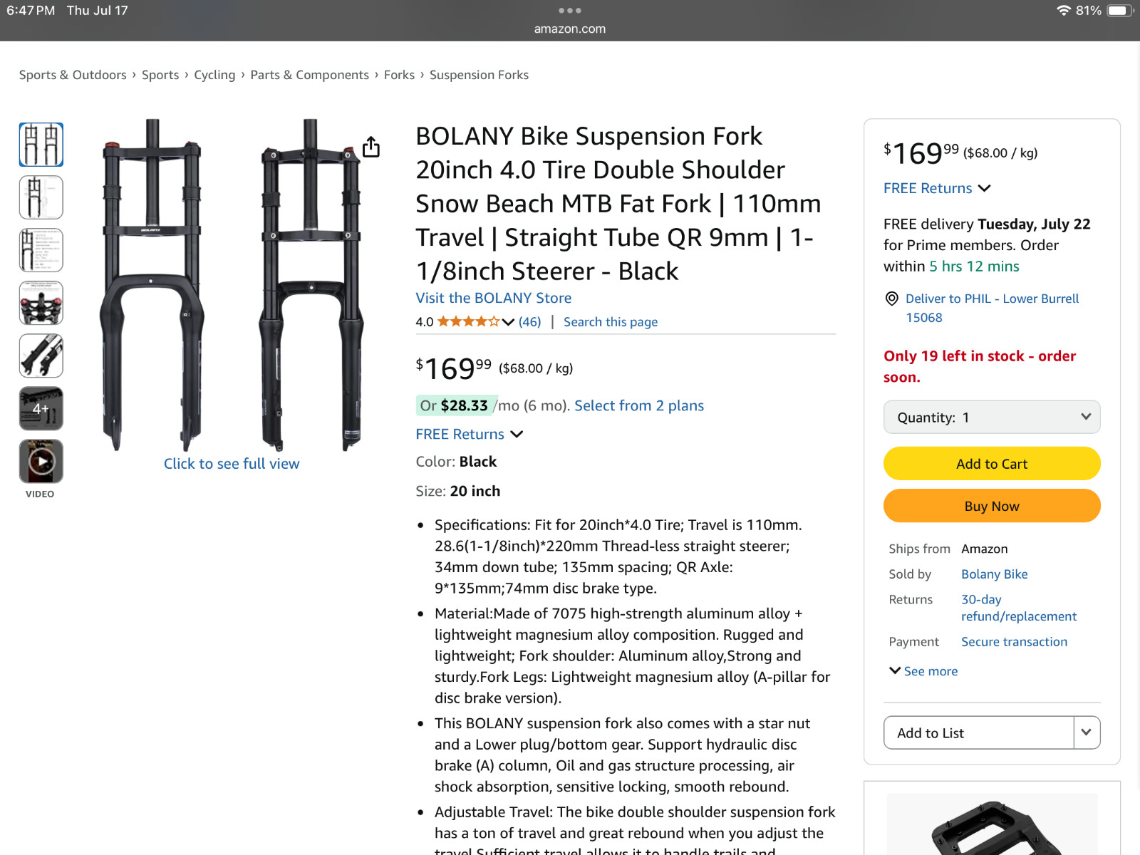 BOLANY Nanlio Bike Bicycle Suspension Fat Fork Double Shoulder 20” 20 Inch
