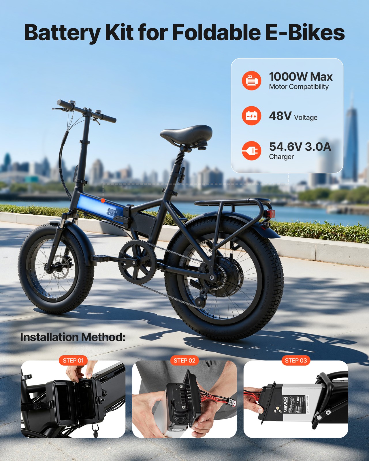VEVOR Folding Ebike Battery Electric Bike Lithium Battery 48V 10.4Ah 1000W BMS