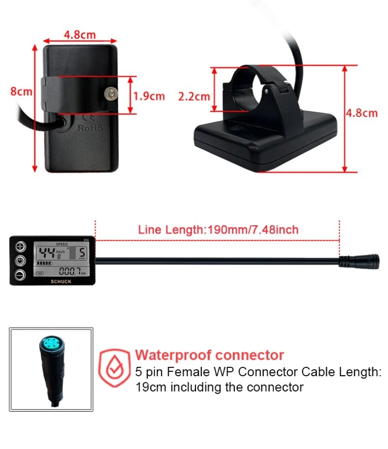 S866 LCD Display with 5 Pin Waterproof Female Connector for E-Scooter E-bike