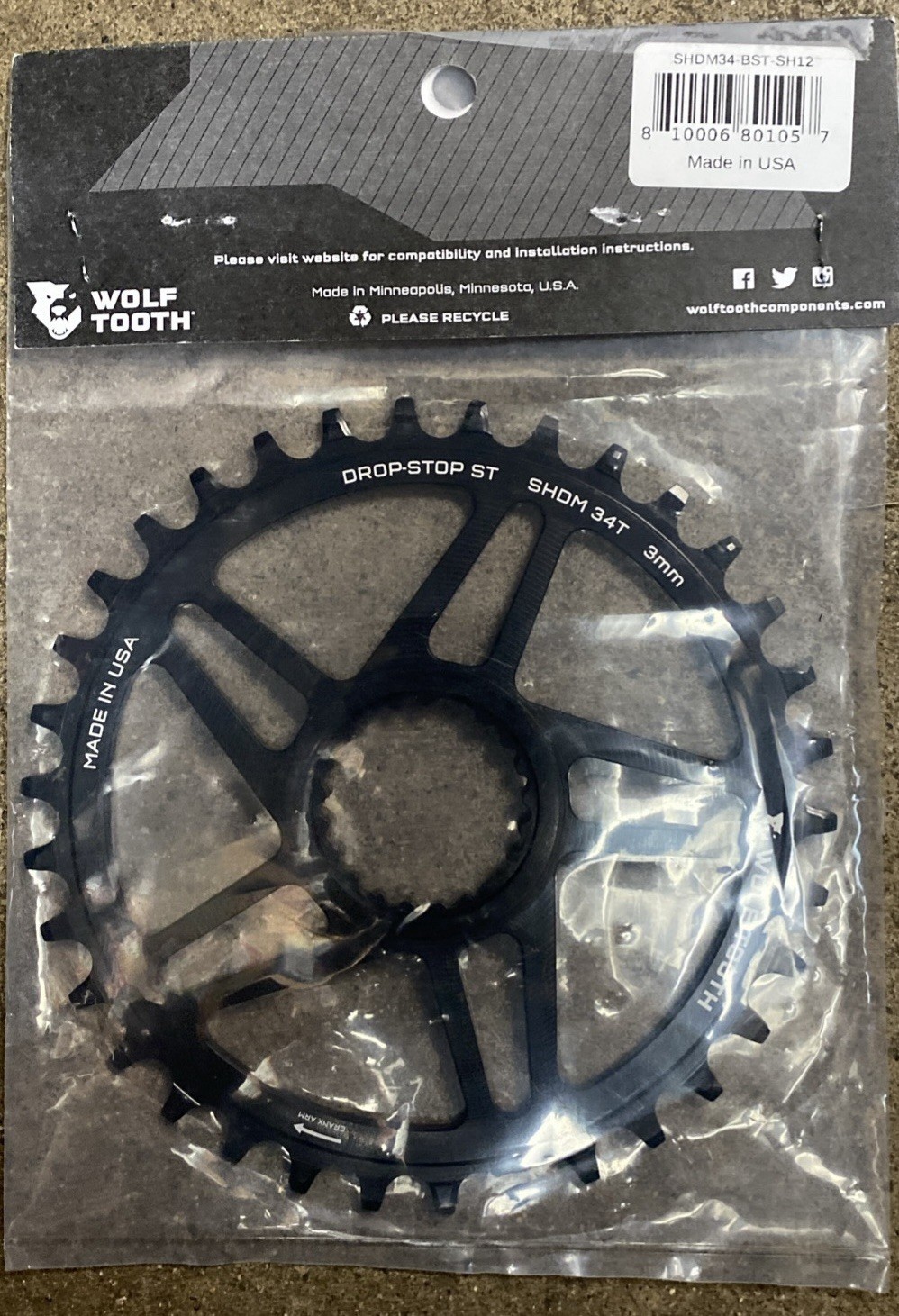 Wolf Tooth Direct Mount Chainring – 34t, Direct Mount, Drop-Stop 12 speed