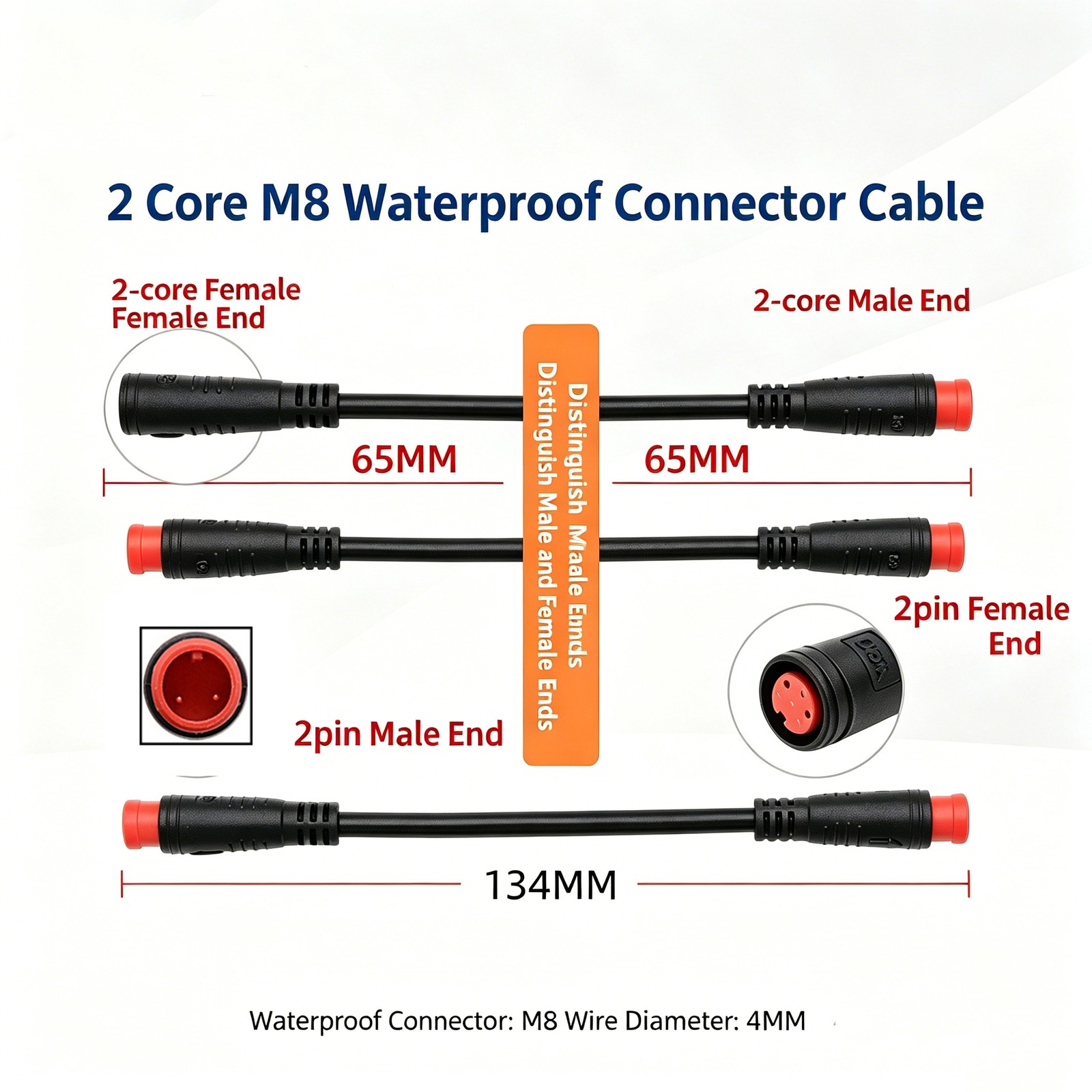 Ebike Extension Cable M8 2 Pin Waterproof Connector Wire Male to Female/Male ADE