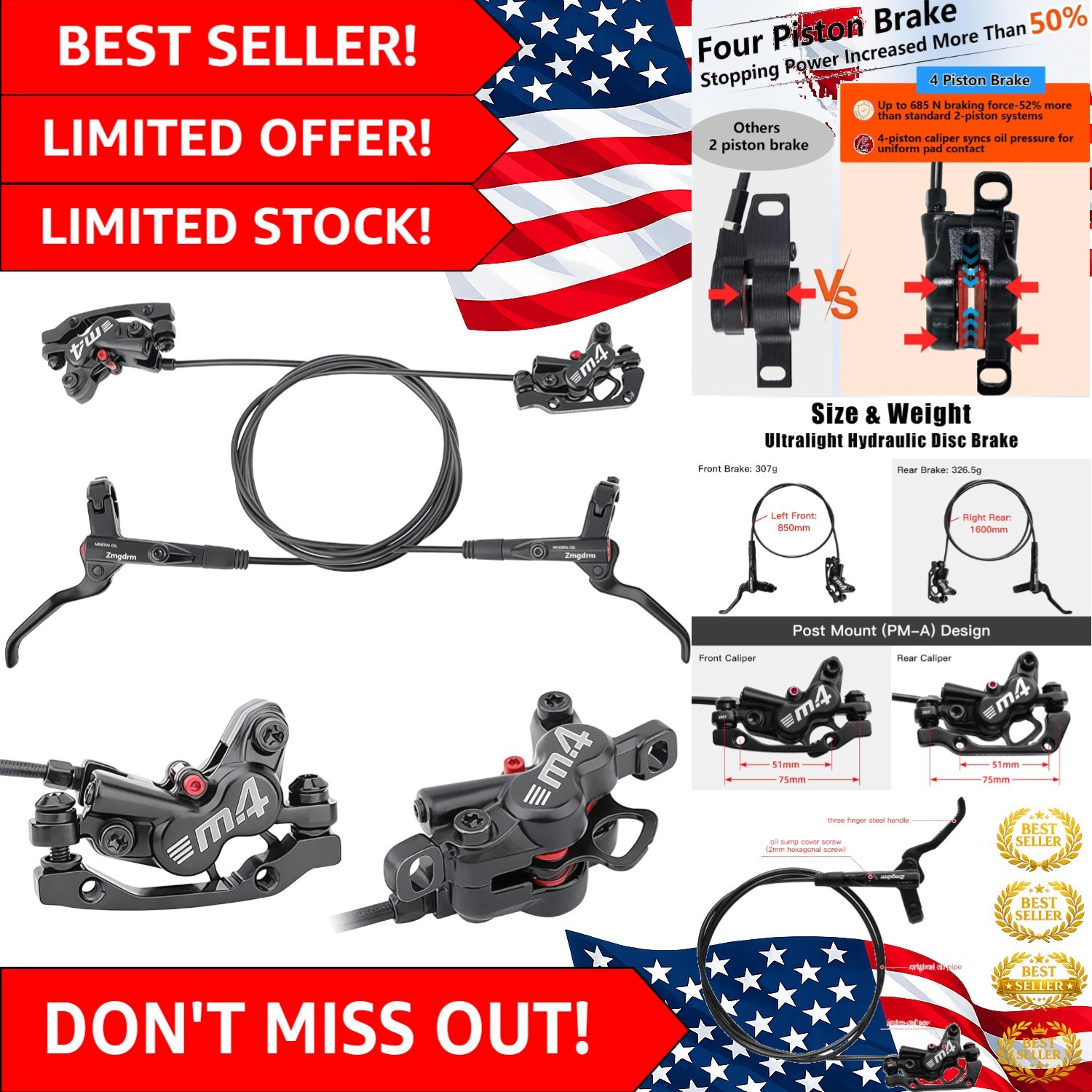 MTB 4 Piston Hydraulic Disc Brakes, MTB Disc Brake Set, Front Left/Rear Right…