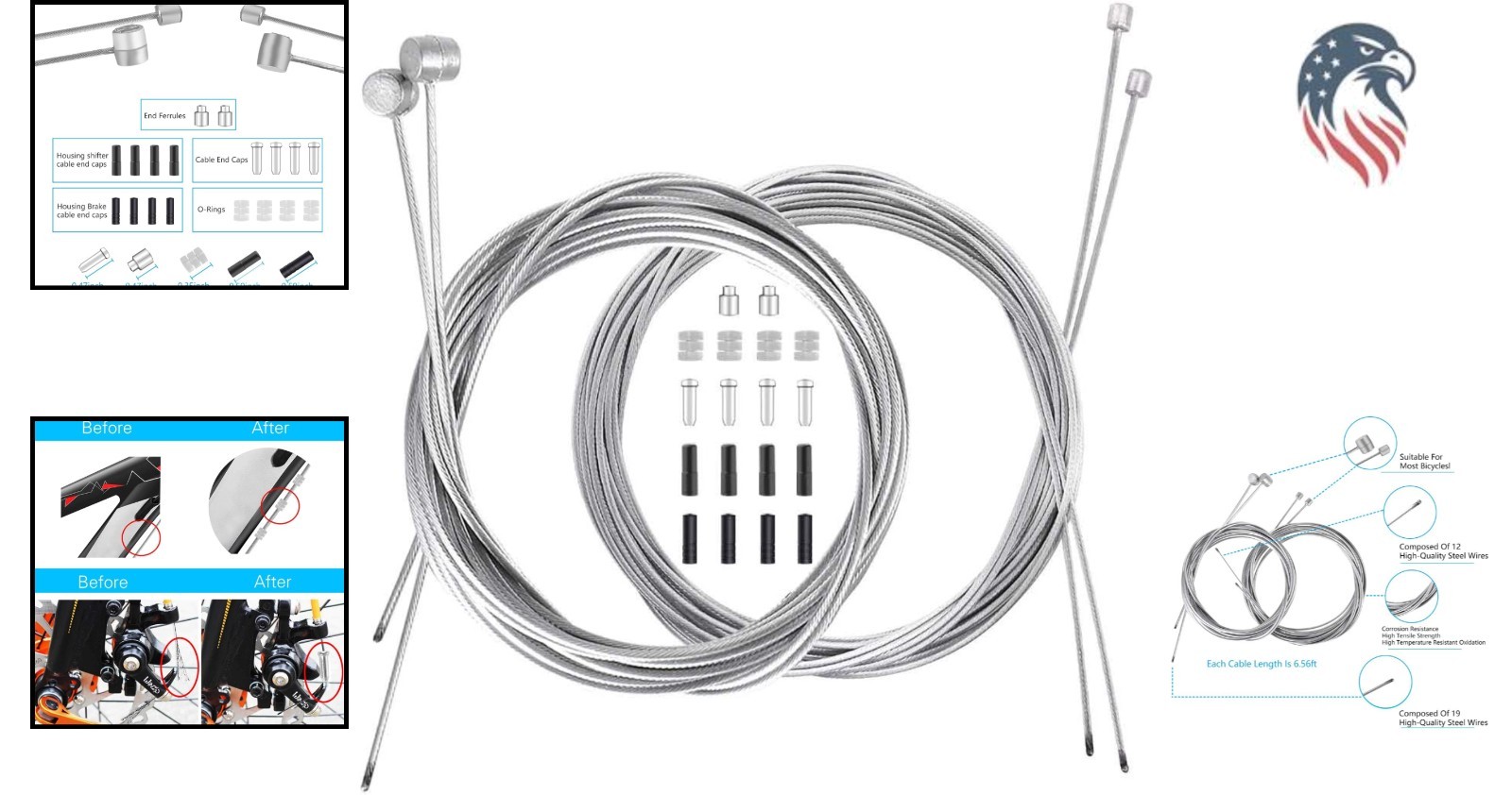 Bike Brake Shifter Cable Set Compatible with Mountain Road Bikes 4 End Caps F…