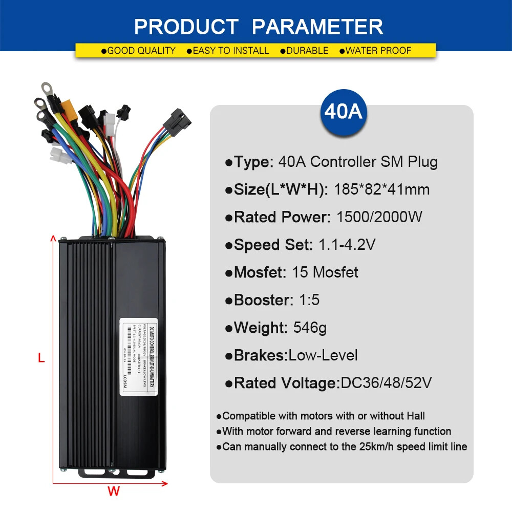 E-bike Sine Wave Controller 36V 48V 52V 40A Three-Mode with LCD Color Display