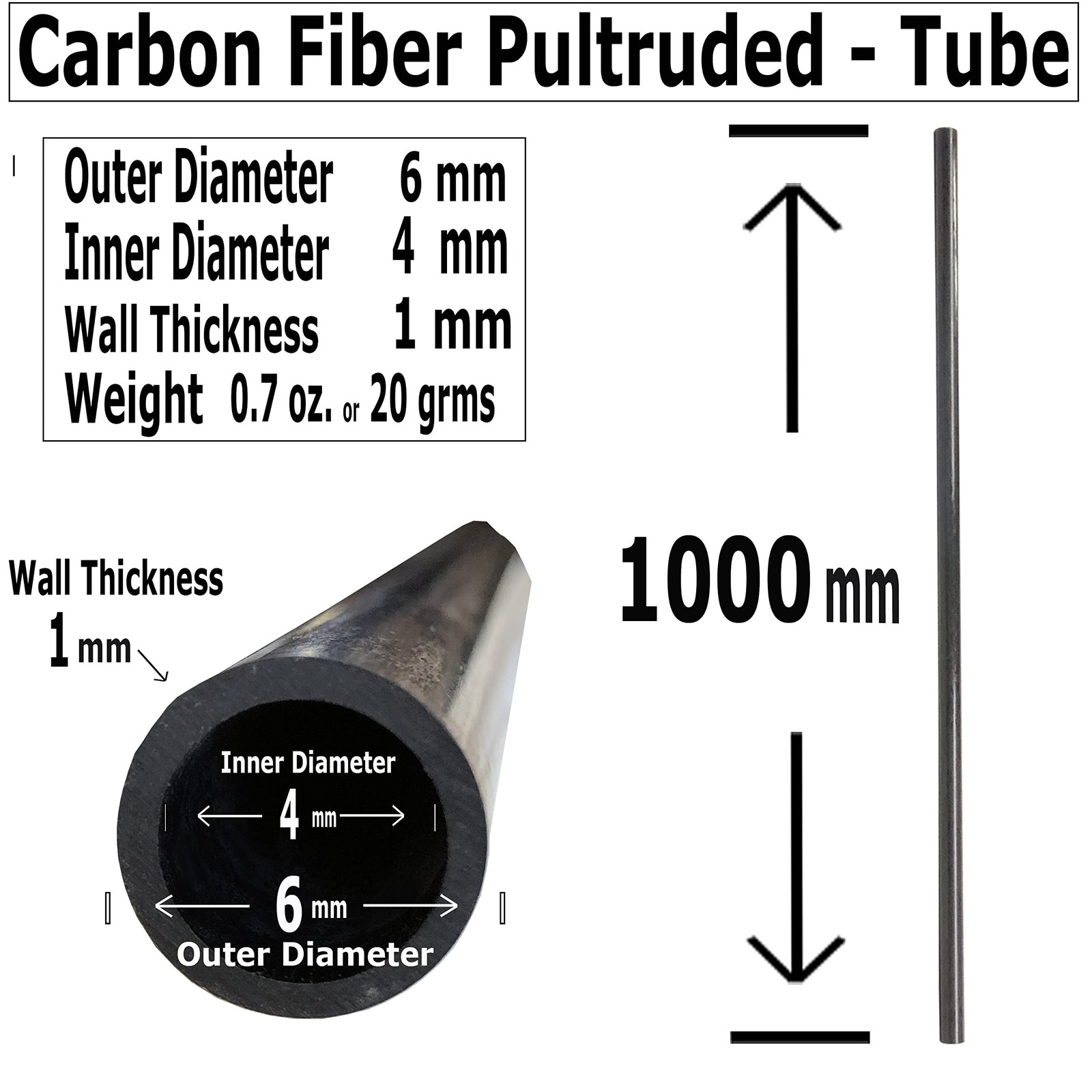 – Carbon Fiber Tube – 6mm X 4mm x 1000mm – Pultruded Round Hollow Ca
