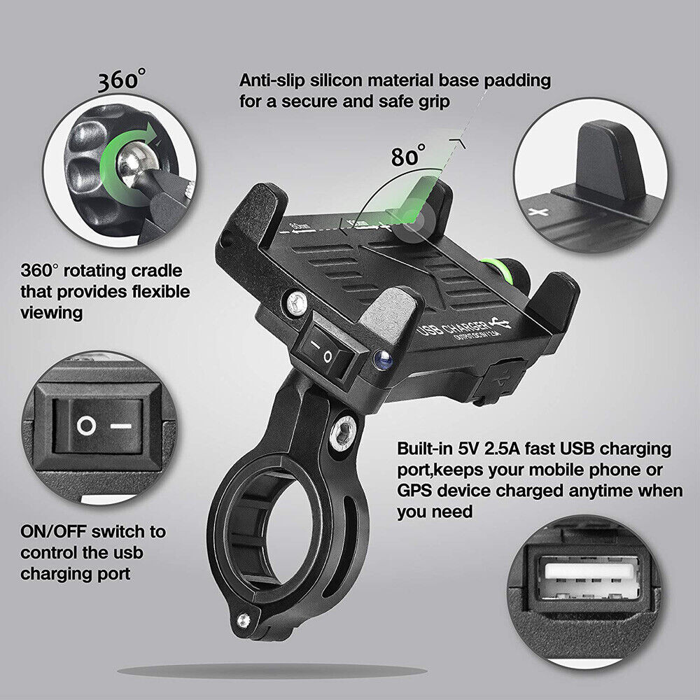 Motorcycle Bike ATV Cell Phone GPS Handlebar Mirror Mount Holder USB Charger