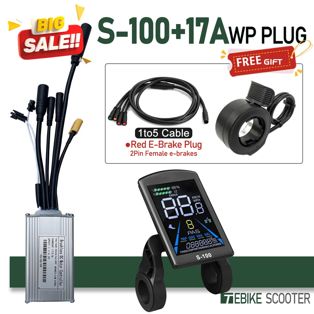 Electric Bike Sinewave 3 Mode 17A26A30A40A Controller 24V/36V/48V/52V Motor