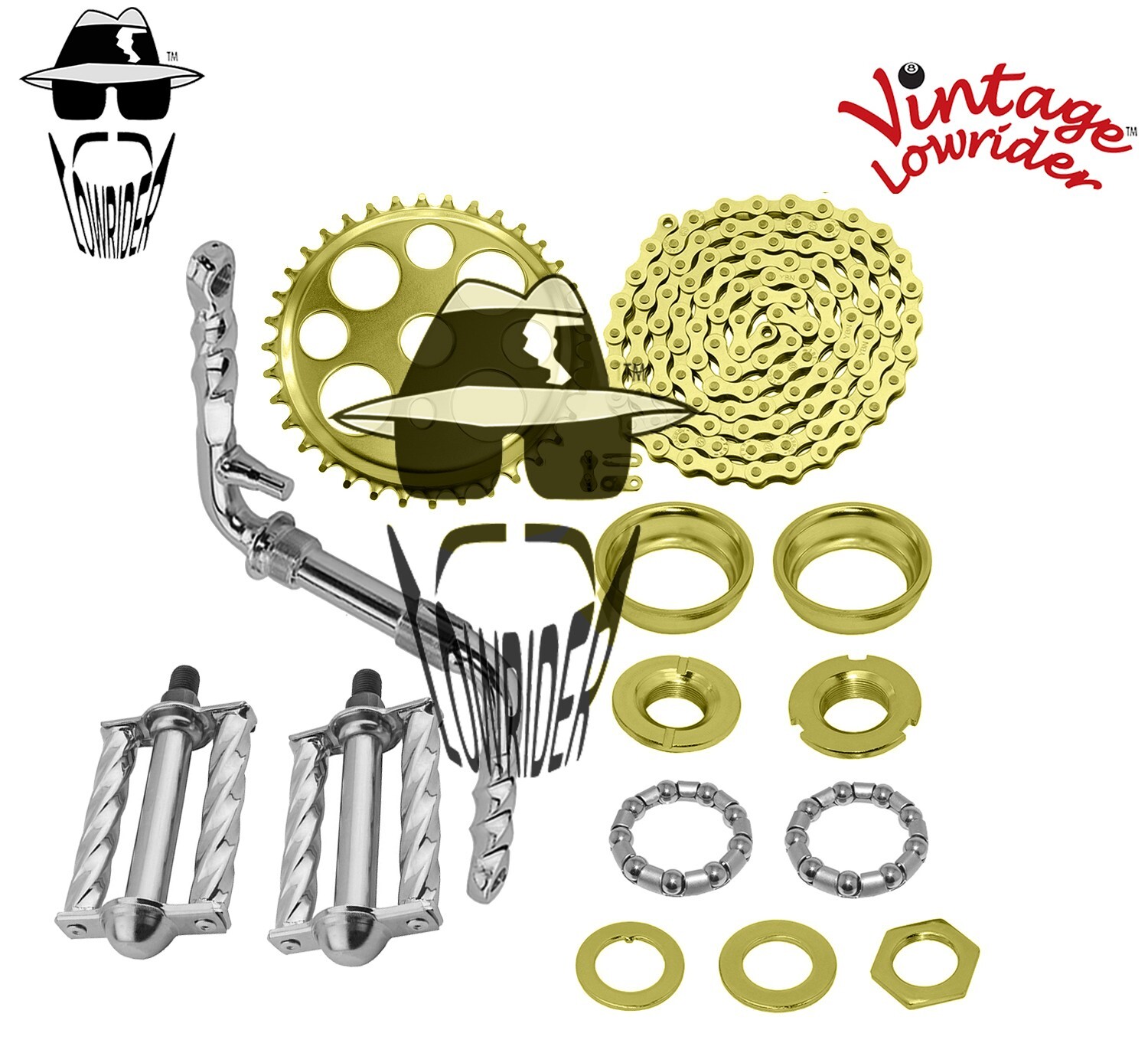 VINTAGE LOWRIDER – Twisted CRANK PKG – Lucky 7 Square Twisted Pedal Chrome/Gold.
