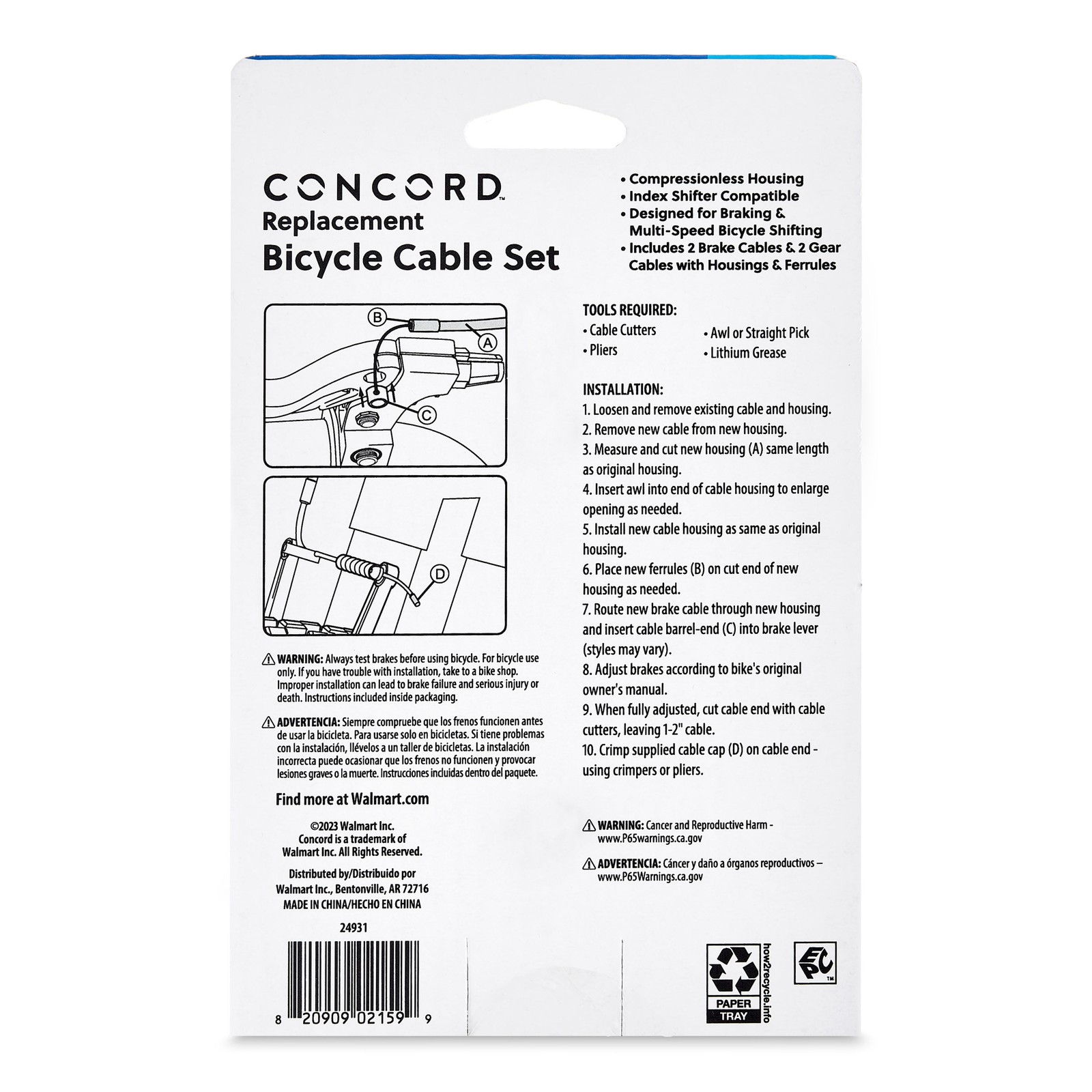 Concord Bikes, Replacement Bicycle Brake & Gear Cable Set, 11 oz, .13 in