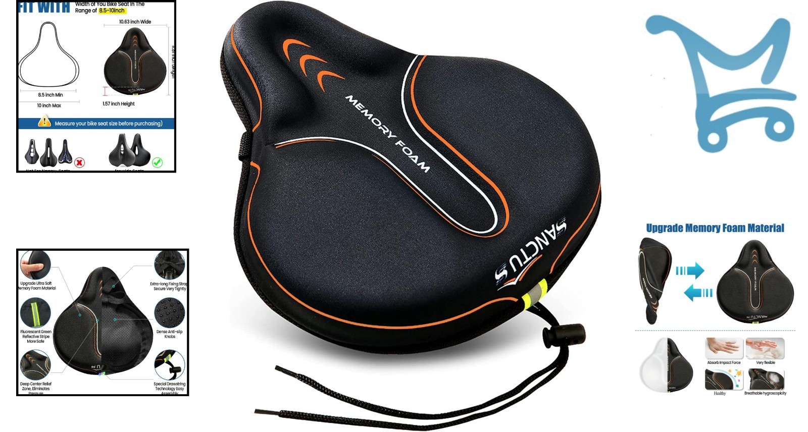 Bike Seat Cushion Cover Memory Foam Large Wide Waterproof Padded for Men Women