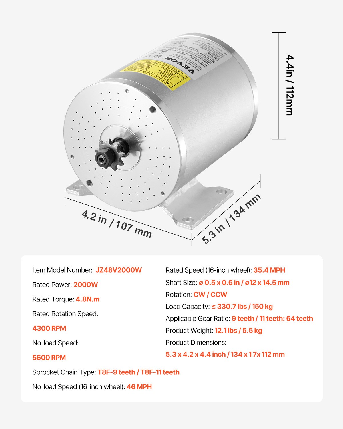 VEVOR 2000W Electric Brushless DC Motor Kit 48V 4300rpm Motor with Controller