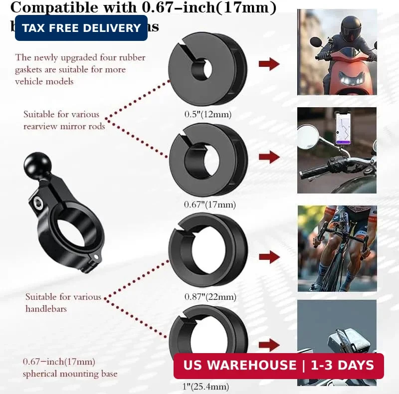 Aluminum Handlebar Base Mount with 17mm Ball Head Adapter for Round Rail Diamete