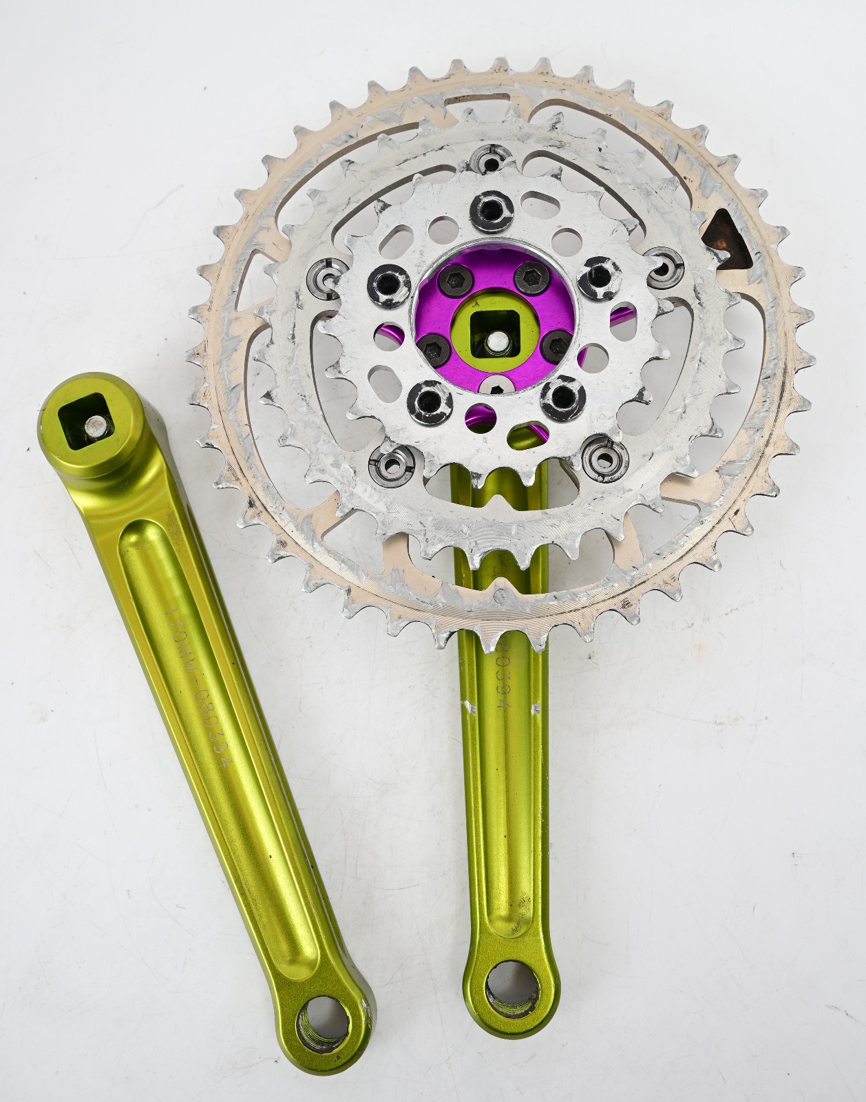 TNT HDS Crank Arms: Green + Purple Ano Spider – 170mm x 94/58 BCD 42/32/22t