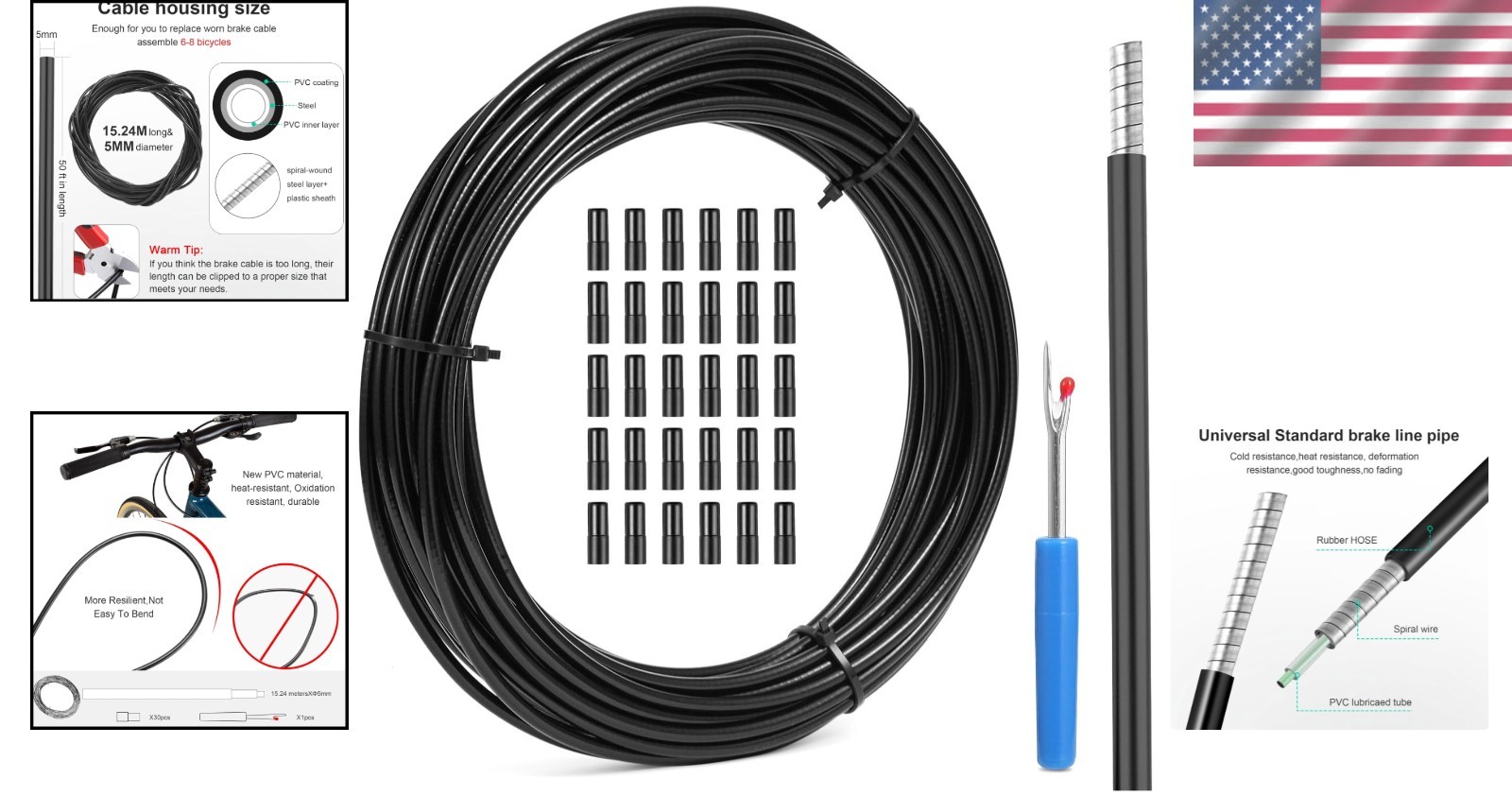 Complete 5mm Lined Brake Cable Housing – 50ft, 30Pcs Caps & Seam Ripper Included