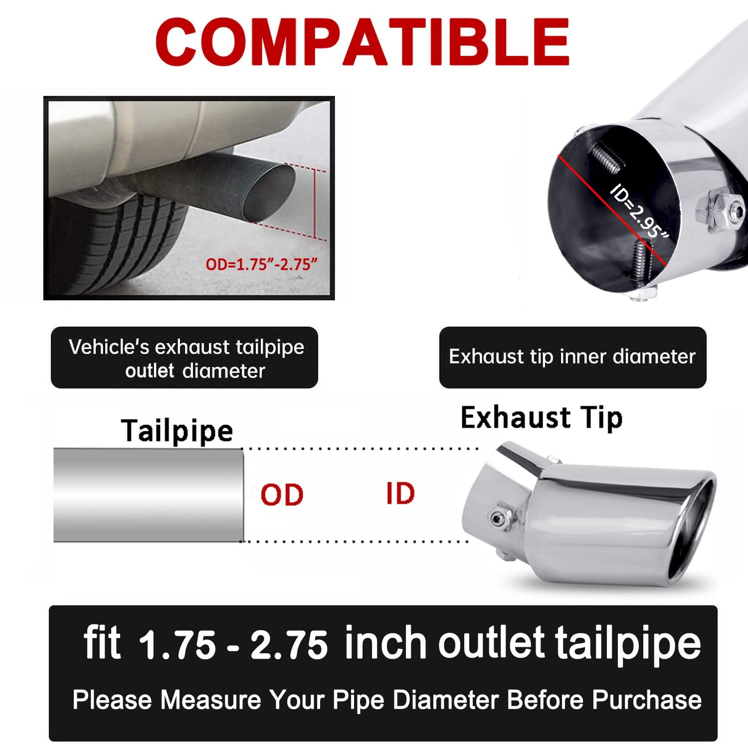 Dsycar Universal 1.75-2.75 inch Curved Exhaust Tips, Straight, Silver