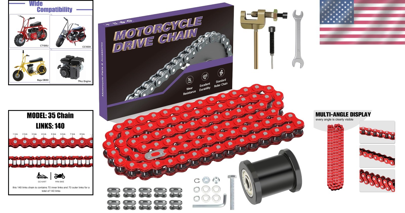 Mini Bike Chain 35 Links Alloy Steel Red Tensioner Compatible with Coleman