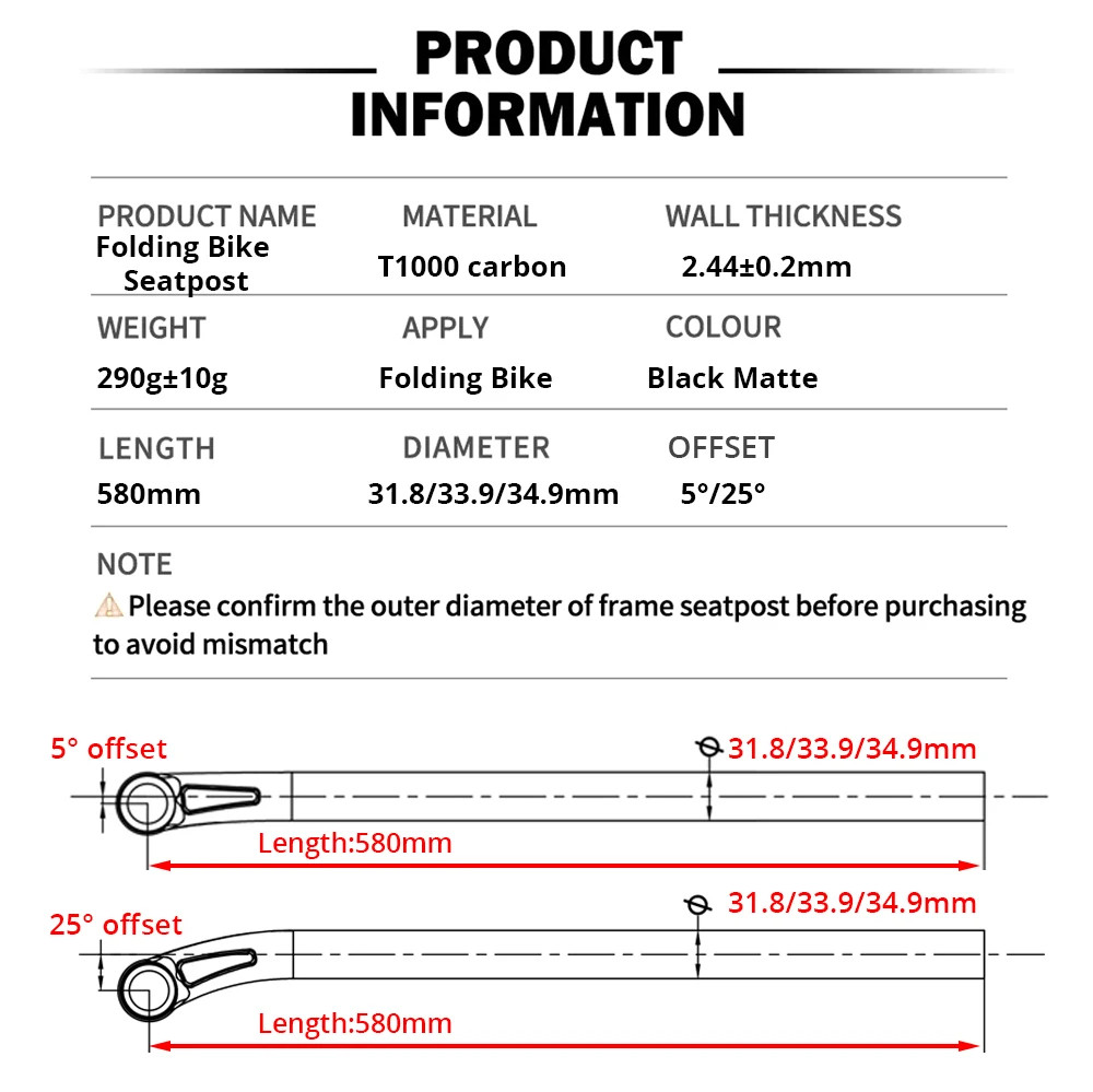 Full Carbon Performance Foldable Bike Seatpost 5°/25° Offset 31.8/33.9/34.9mm