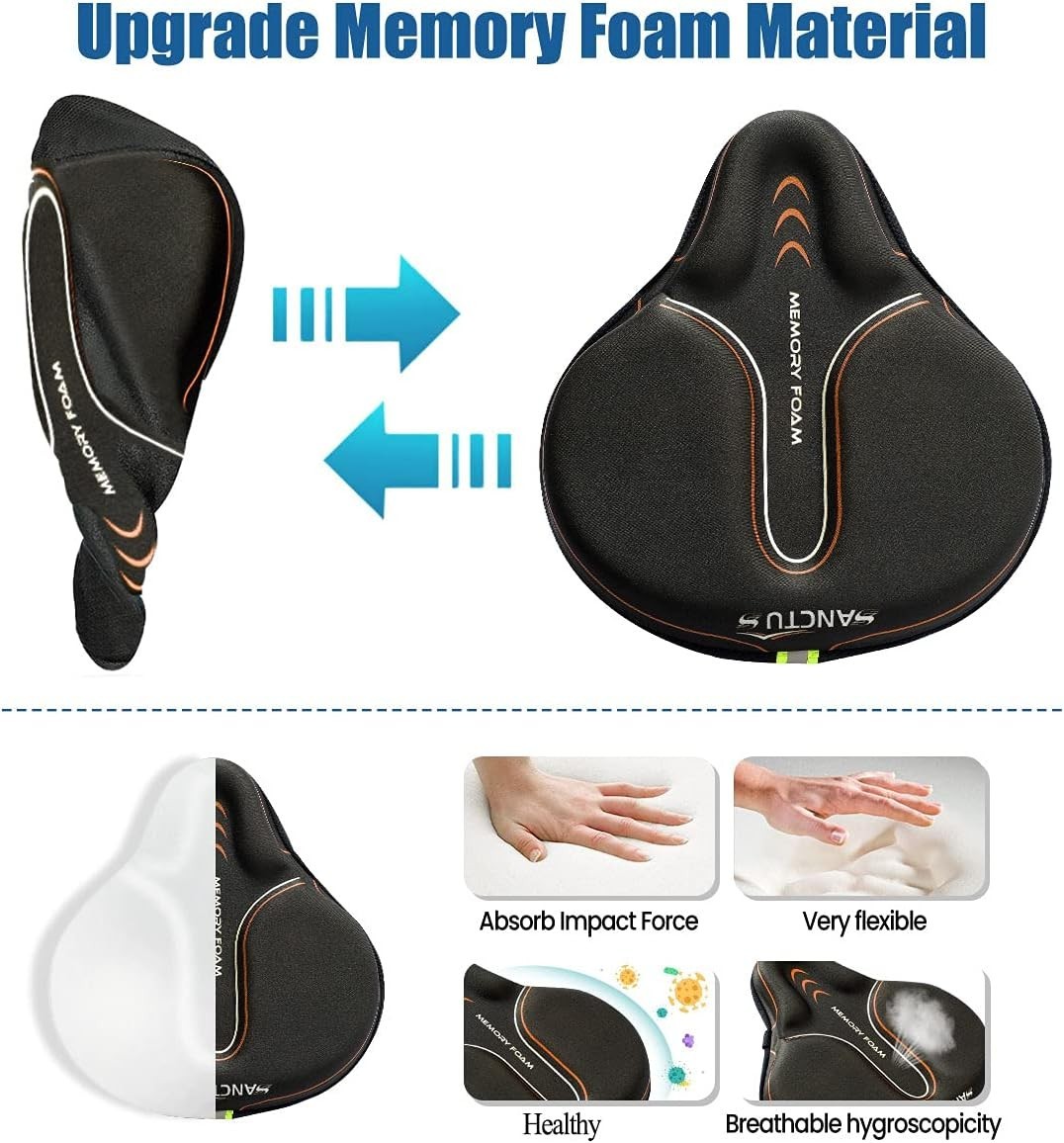 Bike Seat Cushion Cover Memory Foam Large Wide Waterproof Padded for Men Women
