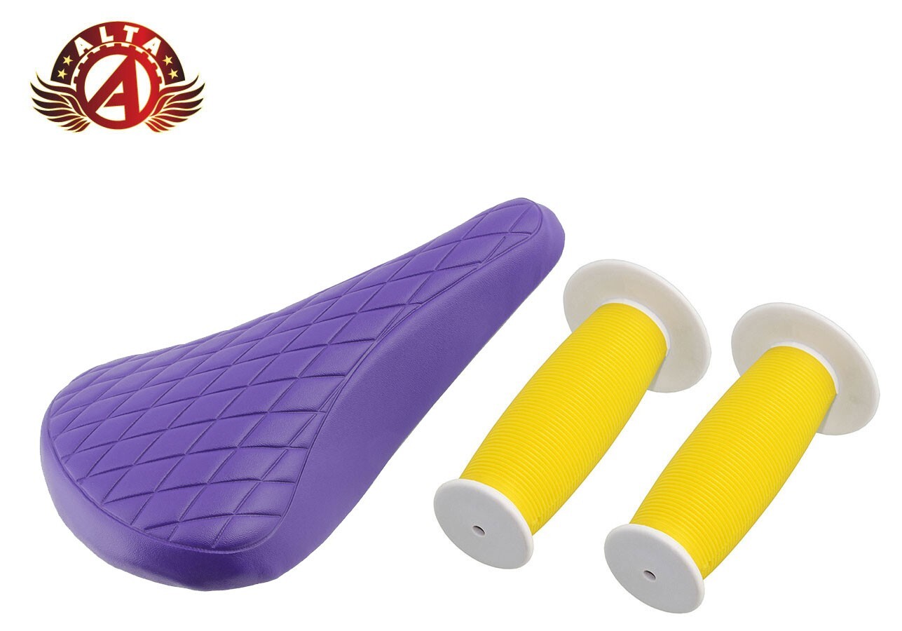 ALTA Purple Diamond Saddle & Yellow/White Mushroom Grips BMX BIKES.