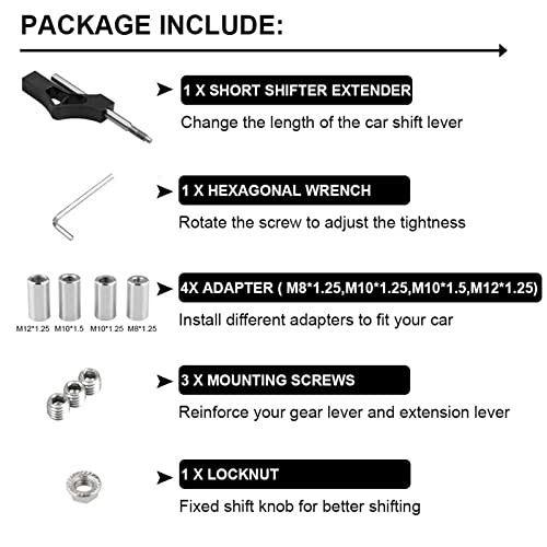 Adjustable Short Shift Extension Shifter Knob with Adapters – Silver