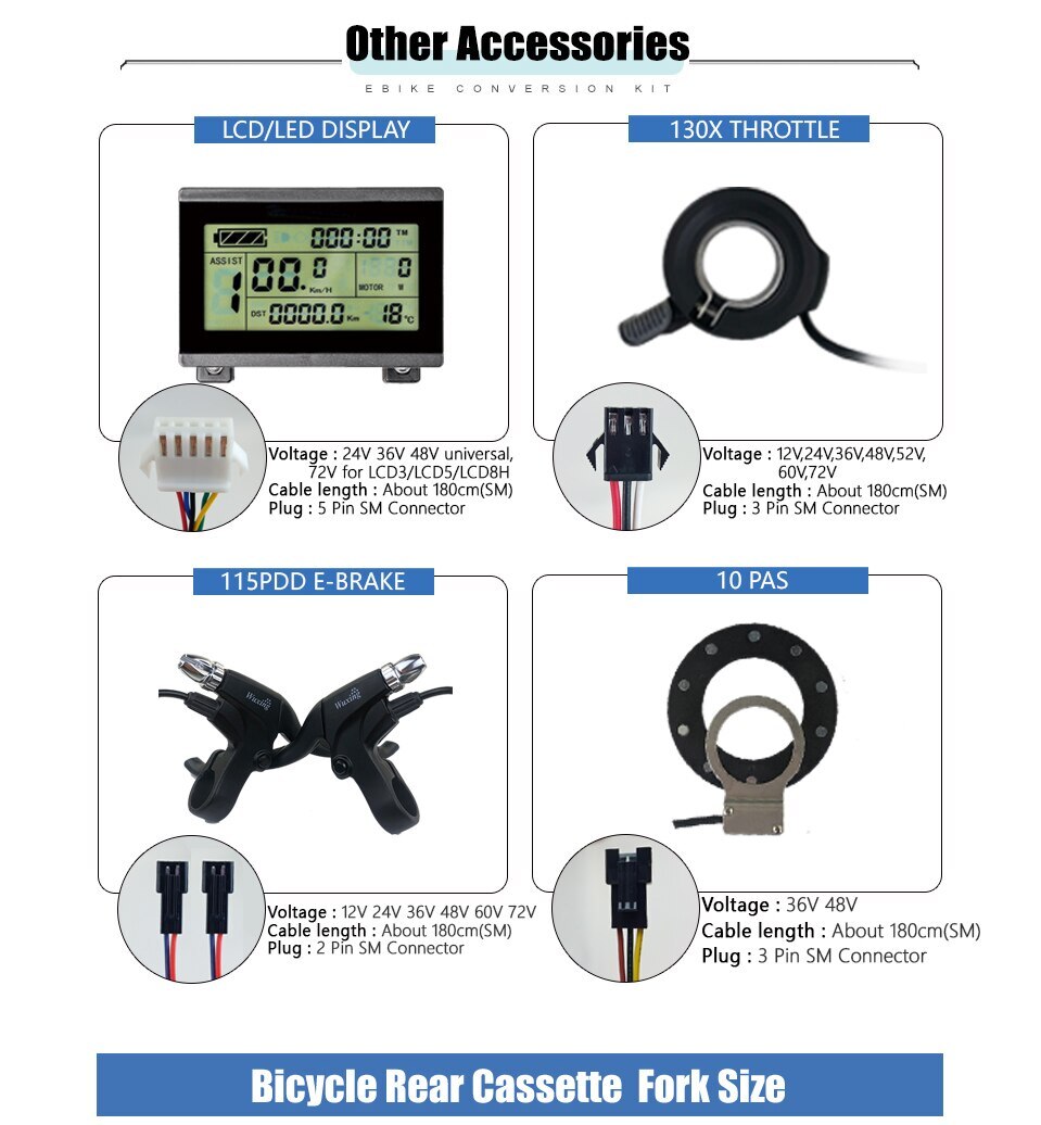 E-Bike Conversion Kit 36V 48V 250W Hub Motor Waterproof Plug LED LCD Display