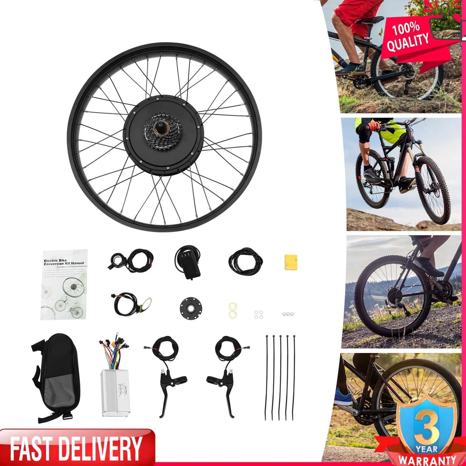 26″ 48V 1000W Rear Wheel Electric Bicycle Motor Conversion Kit E-Bike Motor