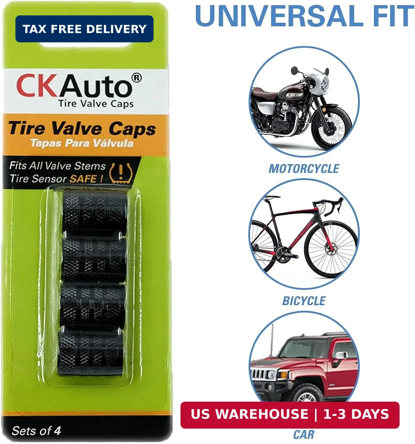 CKAuto Tire Valve Stem Caps, Black, 4 pcs/Pack, Anodized Aluminum Tire Valve Cap
