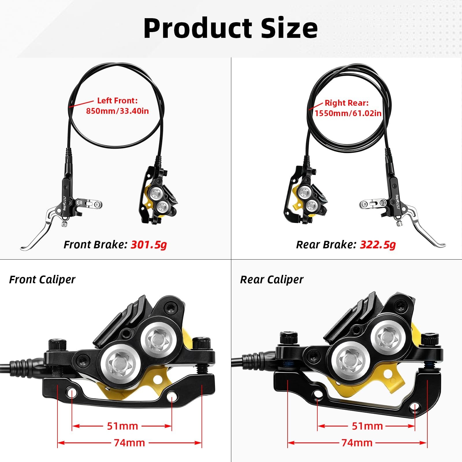 Hydraulic Disc Brake Set for MTB, 4 Piston, Ceramic Pads, 850mm & 1550mm Hoses,