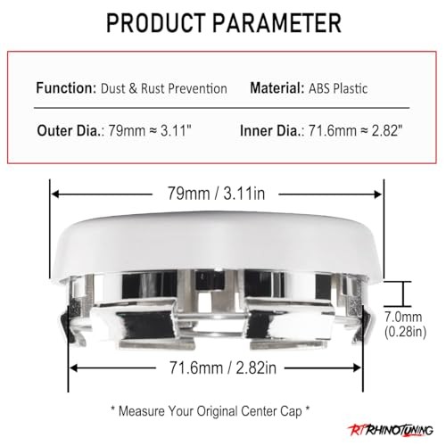 RT 4pcs 79mm Wheel Center Caps for OD: 79mm / 3.11″, ID: 71.6mm / 2.82″ Chrome