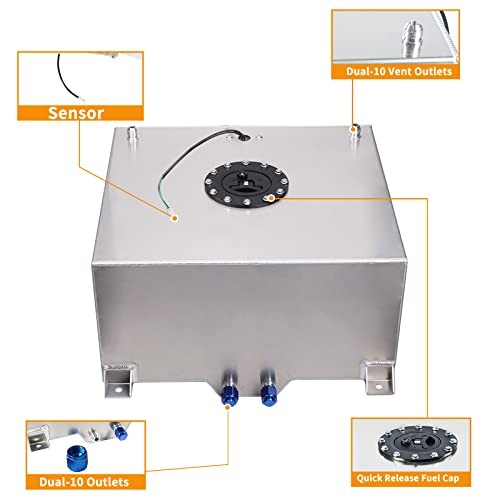 Universal 5 Gallon 20L Fuel Cell Tank with Cap and Level Sender 5 Gallon Silver