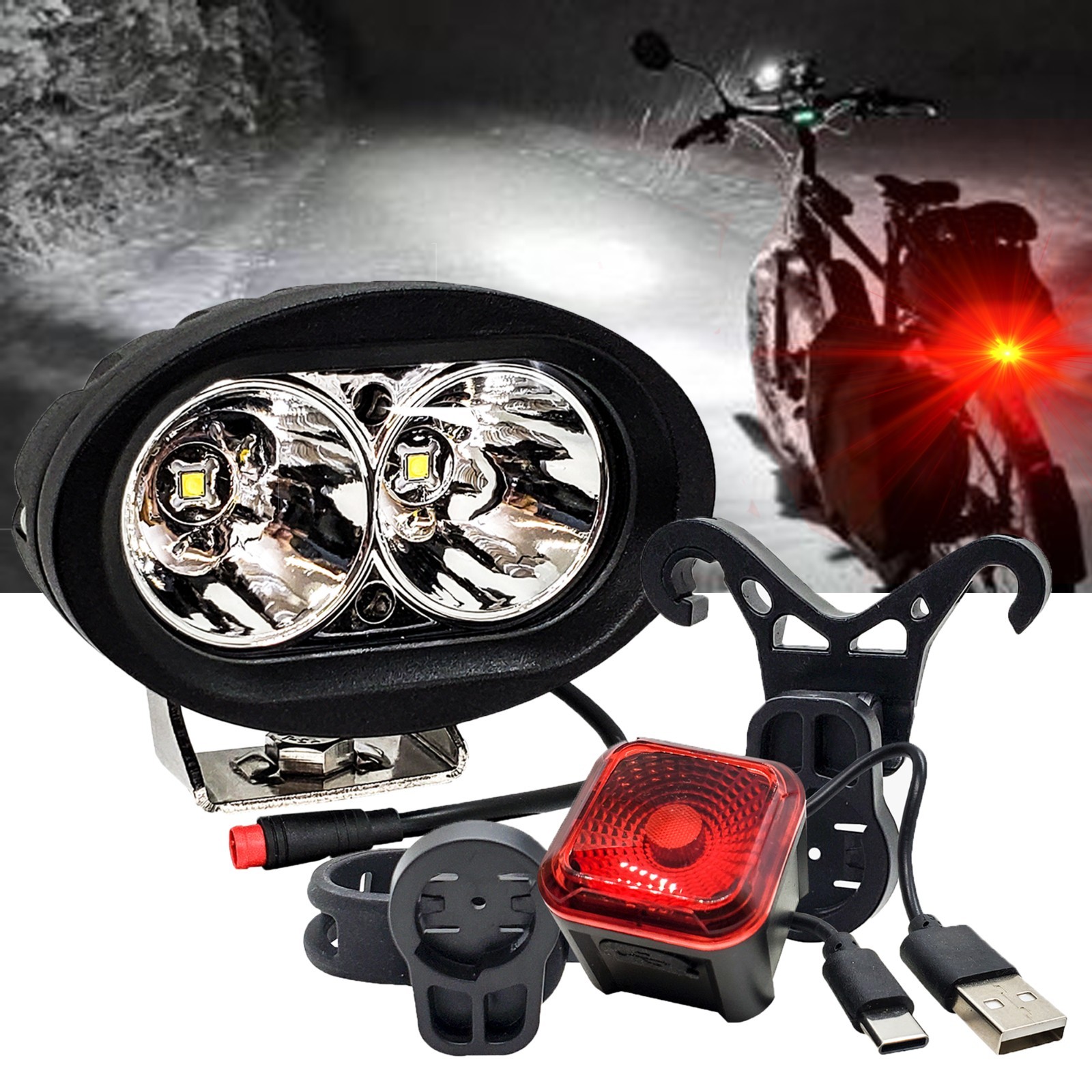 E-bike 8W LED Headlight 2 Pin Julet Plug & Smart Brake Light Lectric Juiced Bike