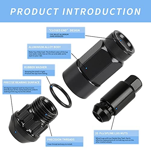 20PCS Closed End Lug Nuts M12X1.5 Wheel Rims Lug Nuts +Socket () Black